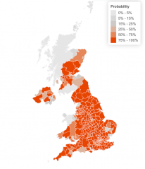 This map shows how likely each local authority area is to be over 100 weekly cases per 100,000 in the week ending December 6. This map shows how likely each local authority area is to be over 100 weekly cases per 100,000 in the week ending December 6.